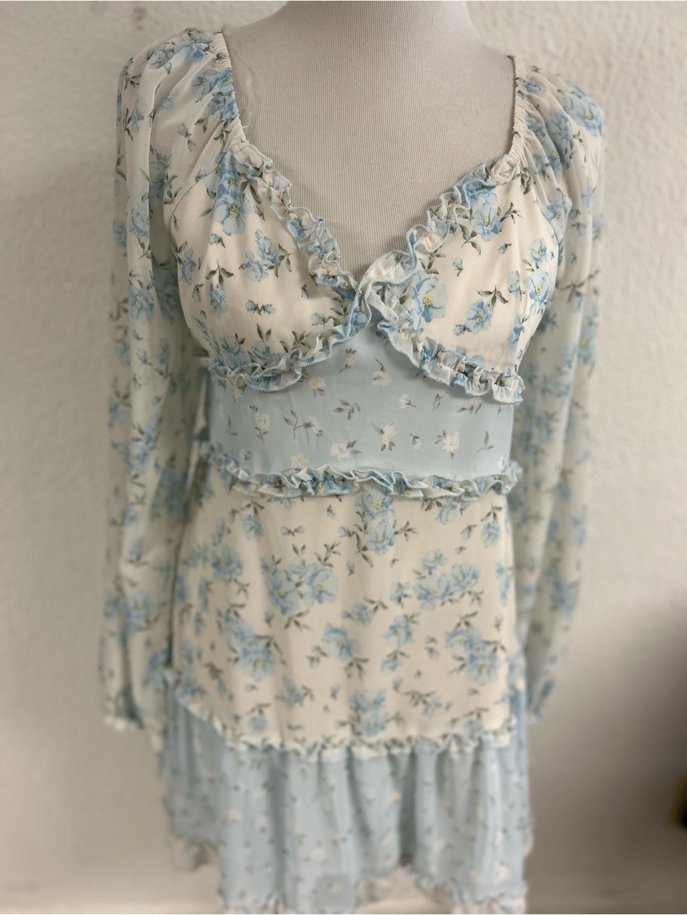NWT Floral  Sheer Smocked Waist  Fairy Core Peasant Dress in Cream and Light Blu